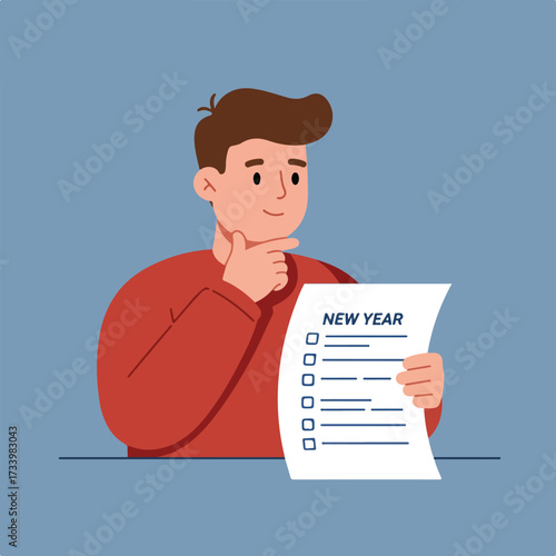Thoughtful man with hand on chin reviews his New Year's resolutions list