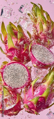 Fresh dragon fruit surrounded by ice cubes creates vibrant splash in water
