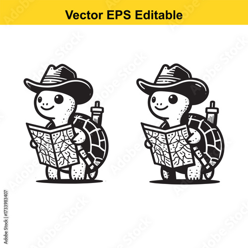 Cute cartoon turtle wearing a cowboy hat reading a book, isolated on white background