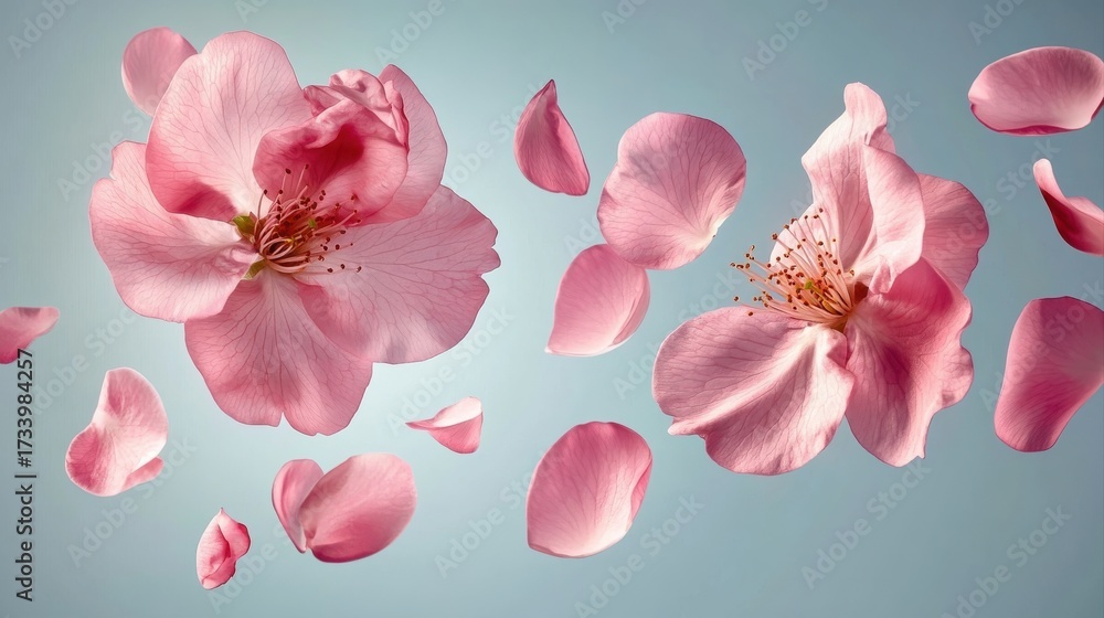 Obraz premium Rose petals or sakura flying petals, romantic background with realistic pink cherry flower petals flow or falling motion. Love, romance, floral spring season,cherry blossom