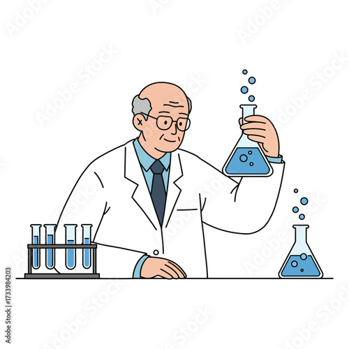 Senior scientist holding a beaker with blue liquid conducting research in a lab vector illustration on white background