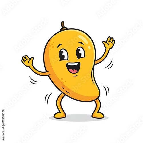 Joyful cartoon mango character dancing energetically with a wide smile and raised arms, radiating happiness and fun, perfect for food promotions and children's content.