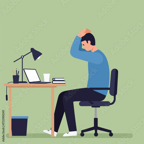 Man at desk stressed, holding head in hands, surrounded by work items