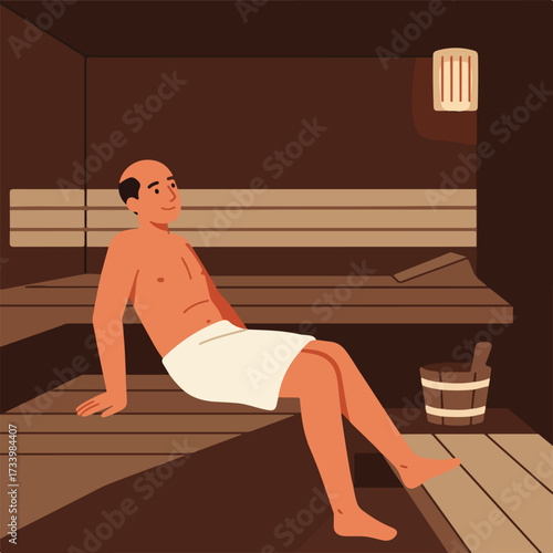 Man enjoying a warm sauna session, relaxing on wooden benches