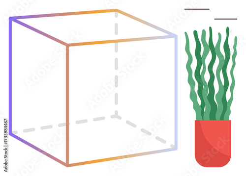 Gradient cube outline beside a red planter with wavy green plants. Ideal for geometry, minimalism, interior design, growth, simplicity, structure, and abstraction. Aesthetic with a clean and simple