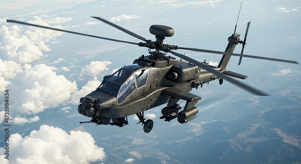 Fototapeta premium A high-resolution, ultra photo-realistic illustration of an AH-64 Apache attack helicopter flying through the sky, viewed from above. Detailed rotor blades, missile pods, and rugged metallic textures