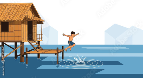 Boy's joyful jump into the sea from a stilt house platform during summer vacation