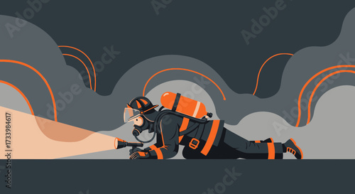 Brave firefighter crawling through smoke with flashlight in stylized illustration