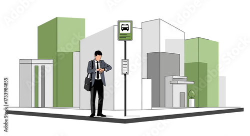 Businessman Checking Time at Bus Stop in Urban Setting Line Art Style Illustration