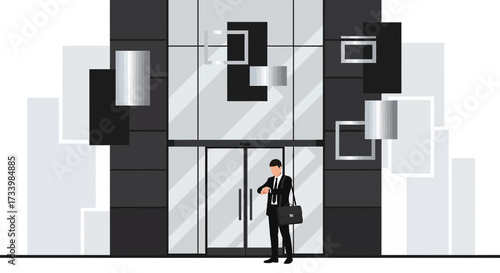 Businessman checking time outside modern office building emphasizing timeliness and