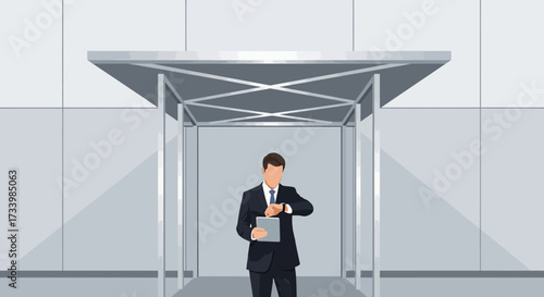 Busy Businessman Checking Time in Modern Building Elevator with Tablet in Hand Illustration