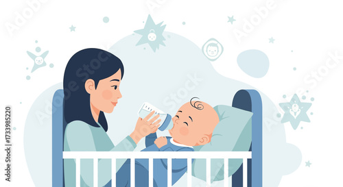 Caring mother feeding her baby with a bottle in a crib adorable moment illustration