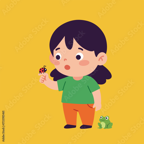 Child amazed by ladybug on finger, with frog nearby on yellow background