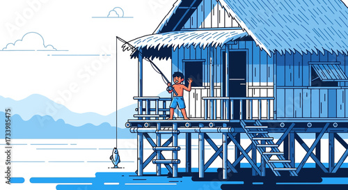 Cartoon illustration of a young boy fishing from a stilt house in the tropics