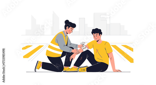 Cartoon illustration of first aid treatment given to injured man on the roadside