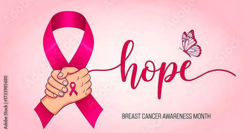 Two hands firmly joined in unity wrapped by a glowing pink ribbon beneath the word �hope,� radiating compassion, resilience, and unyielding strength in shared breast cancer awareness.