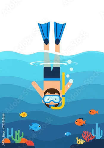 Underwater adventure: A whimsical cartoon diver exploring the vibrant marine life, in a sea