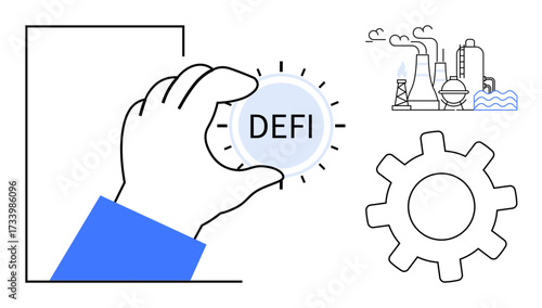 Hand holding DeFi coin represents decentralized finance near gear and industrial buildings. Ideal for blockchain, technology, innovation, industrial impact, fintech, business, growth themes. Simple