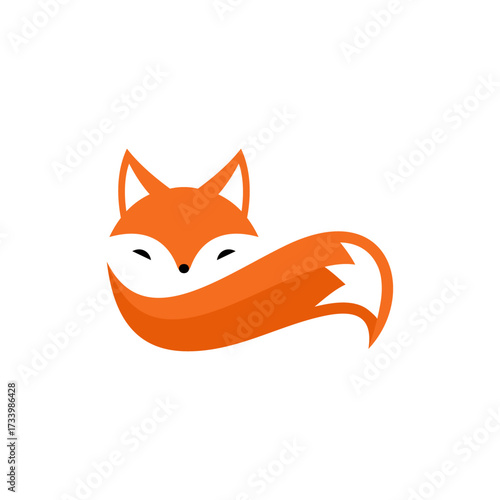Stylized orange fox illustration with a curled tail, featuring a minimalist design on a white background.
