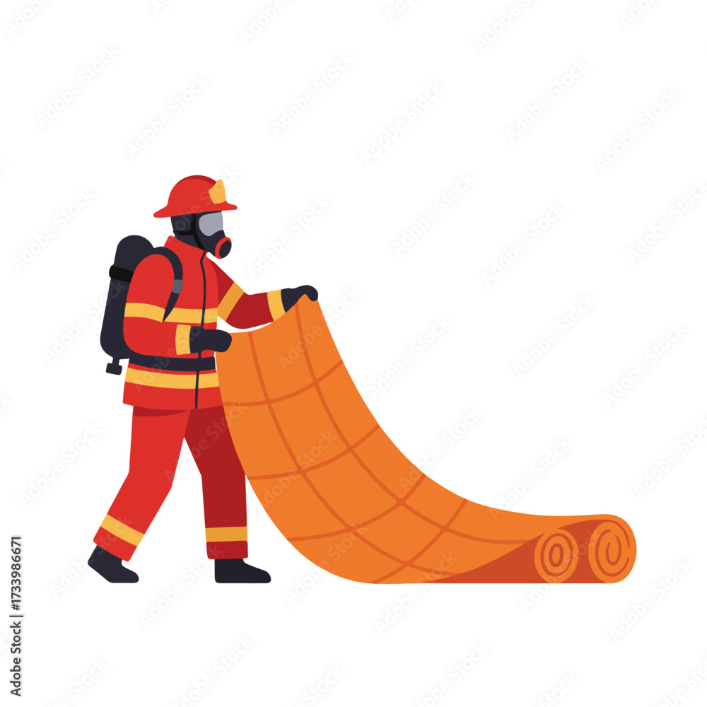 Fototapeta premium Firefighter in protective gear rolls out an orange rescue blanket