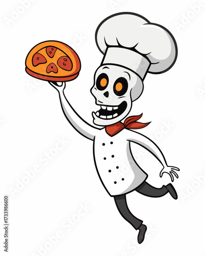 Skeleton Chef Flipping Pizza Cartoon Design On White Background