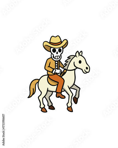 Skeleton Cowboy Riding Horse Western Art On White Background
