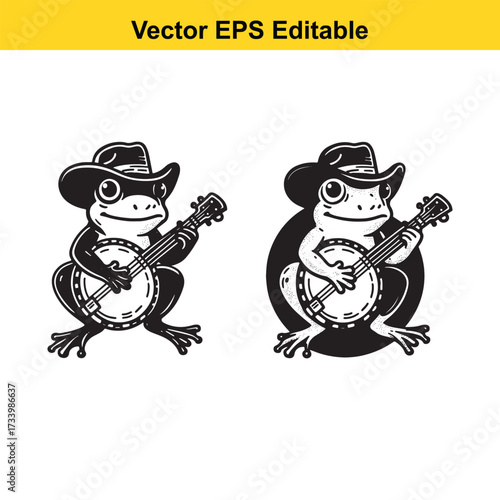 Cartoon frog playing banjo isolated on white background