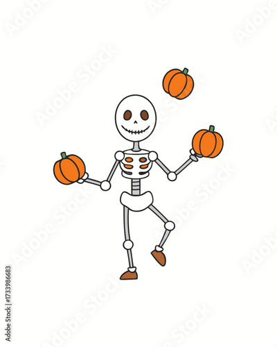 Skeleton Juggler With Pumpkins Illustration On White Background