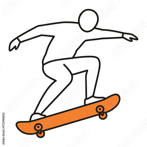 Minimalist vector illustration of a skateboarder performing a trick simple line art design element isolated on white background