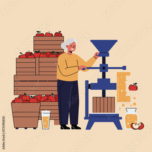 Person operating apple press with crates of apples and fresh cider