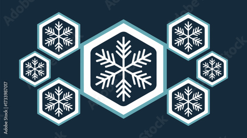 Geometric snowflake pattern on dark blue background featuring hexagonal snowflake shapes in a network layout