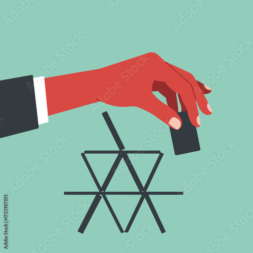 A red hand in a suit jacket carefully places a dark block onto a wireframe structure