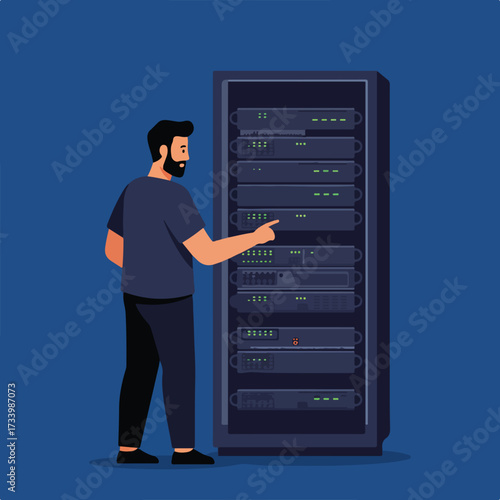 Man interacting with server rack in a blue room
