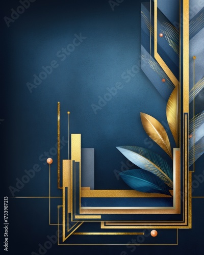 Abstract geometric design with gold and blue elements on dark background  