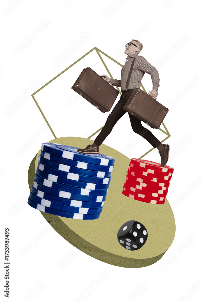 Obraz premium Composite trend artwork 3D sketch image photo collage of&nbsp;gambling betting game slot dice combination pile chip aged man carry baggage walk