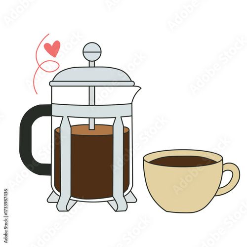 Vector icon of French press coffee maker with cup, clean minimal design, perfect for cafe and drink branding.