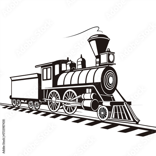 Black and white illustration of a steam train with smoke emanating from its chimney on railway tracks