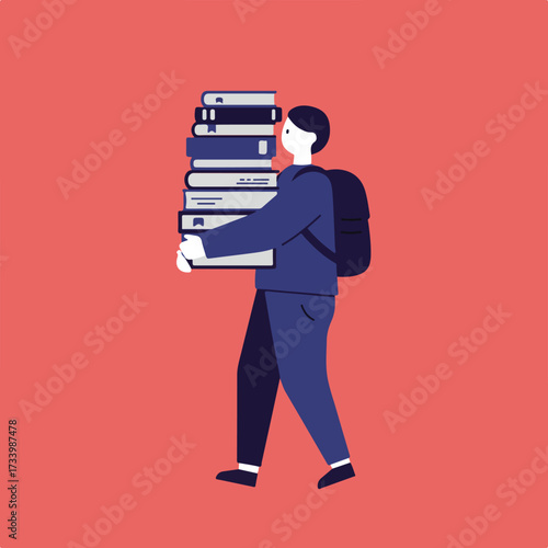 Person carrying a tall stack of books and wearing a backpack