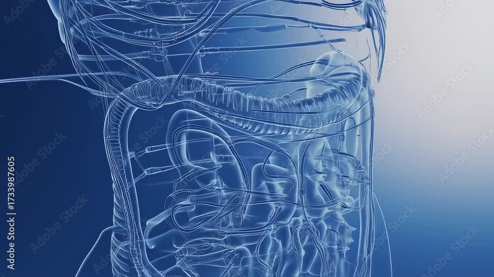 Human Digestive System X-Ray Scan with Intestines and Organs in Blue ...