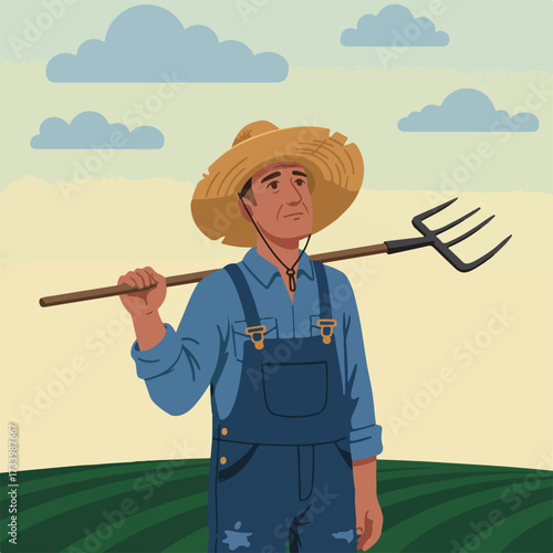 Cartoon farmer in straw hat with pitchfork over shoulder in green field