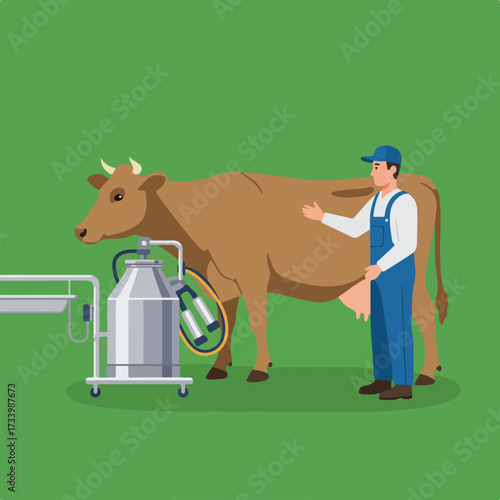 A farmer milks a cow using modern equipment on a green background