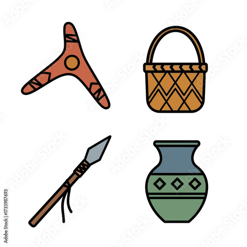 Aboriginal Australian cultural artifacts including a boomerang spear basket and pot.
