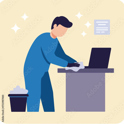 Person in uniform wipes laptop on desk, sparkling clean background