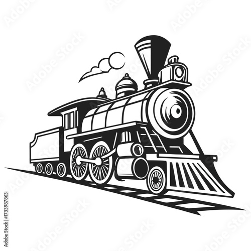 Black and white illustration of a steam train with smoke plume on railroad tracks Keywords: steam engine, train, locomotive, railway, transportation, vintage, retro, old, classic, engine, carriage