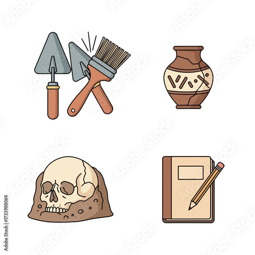 Archaeological Dig Site Icons - Tools, Pottery, Skull, and Documentation.