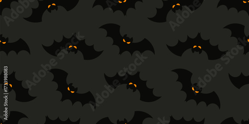 Halloween dark seamless pattern with black flying bats with orange eyes. Dark and spooky background for party invitation, poster design, holiday card and seasonal decoration
