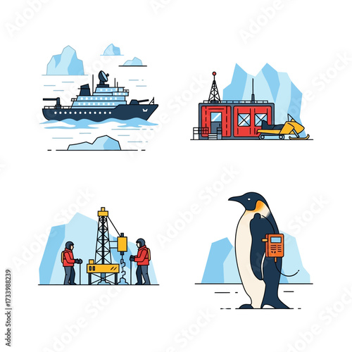 Antarctic exploration featuring icebreaker ship research station drilling and penguin.