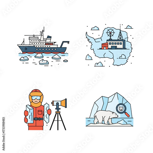 Arctic and Antarctic Research Icon Set with Ship and Scientist.