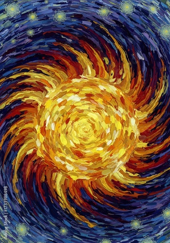 Whimsical cosmic painting featuring a swirling sun against a starry sky evoking energy and vibrant texture