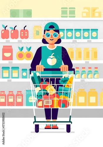 Whimsical grocery shopping: Woman with a cart full of fresh produce in an illustrated supermarket scene